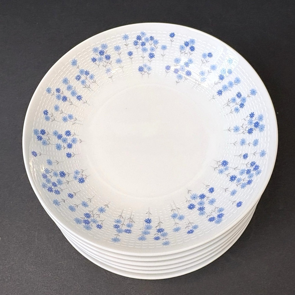 6 Sheffield Rhapsody #503 Blue Floral 5.5" Shallow Bowls Fruit MCM Japan